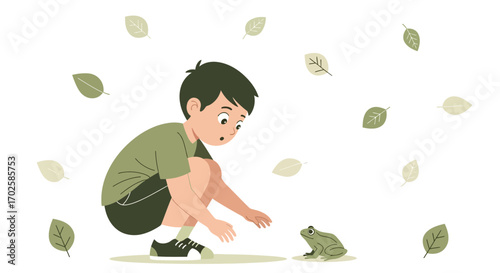 Young Observer Encountering Amphibian Creature Amidst Gentle Natural Embellishments