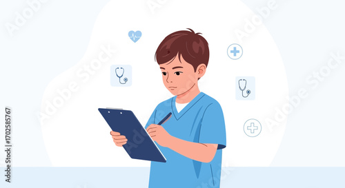 Young Medical Professional Examining Patient Data While Surrounded by Health Symbols