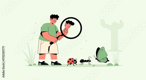 Young Observer Investigating Nature's Tiny Wonders With A Magnifying Glass