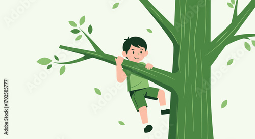 Young Person Climbing Tree Branch Enjoying The Outdoors, Vector Illustration Style