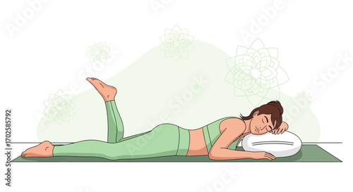 Woman in Yoga Pose Relaxing On Floor with Pillow, Leg Lift, Contemplation and Peace