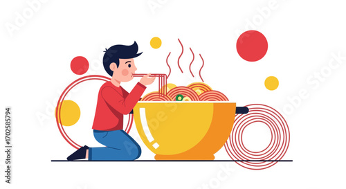 Young Person Eating Noodles: A Delightful Culinary Experience Illustration