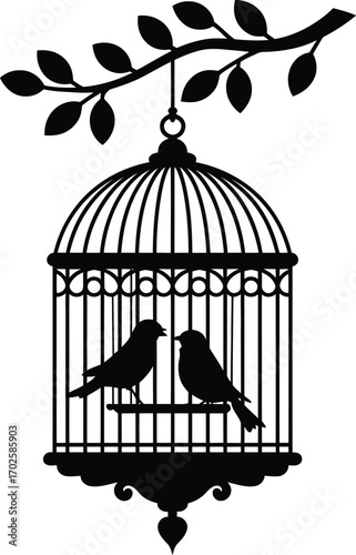 Silhouette of two birds perched inside a decorative birdcage hanging from a branch