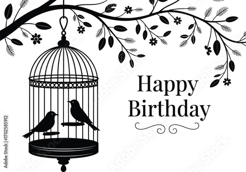 Happy birthday card with silhouette of birds in a cage hanging from a tree branch