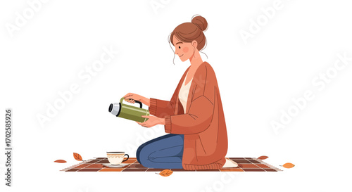 Woman Is Pouring Hot Drink From Thermos Into Cup On A Mat For Cozy Autumn Day