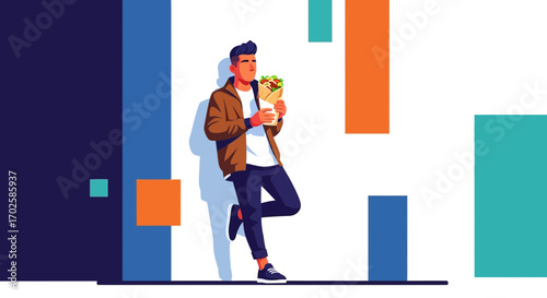 Young Person Grabbing Quick Meal And Enjoying It With Abstract Geometric Background