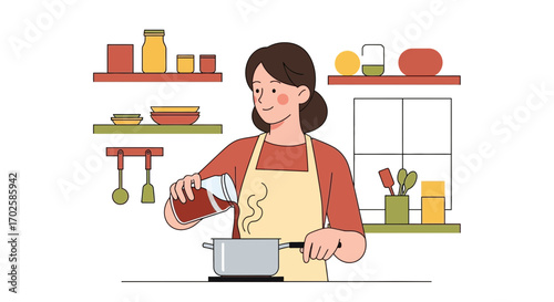 Woman Is Preparing Food, Cooking With Utensils In Her Kitchen, Stylish Illustration