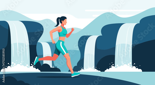 Woman Jogging By A Waterfall, Energetic Exercise In Serene Landscape Illustration  Design
