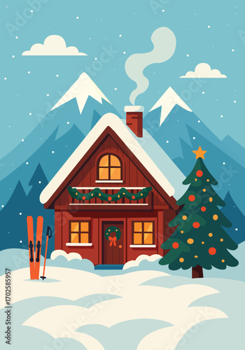 Cozy Wooden Holiday Chalet at Snowy Ski Resort with trees and snow