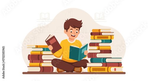 Young Person Immersed In Reading Surrounded By Books, Deep In Knowledge, Studying
