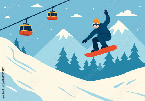 Active Winter Scene Snowboarders on Mountain Trails with Funicular