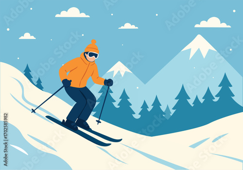Beautiful Snowy Mountain Resort with Skiers. Snow and trees 