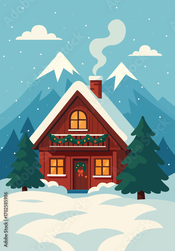 Cozy Wooden Holiday Chalet at Snowy Ski Resort with trees 