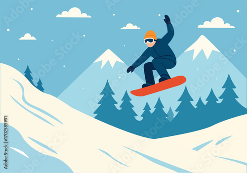 Snowy Alpine Resort Landscape with Snowboarders 