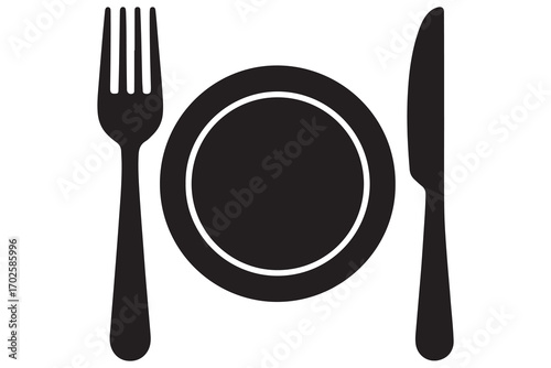 Knife fork and plate silhouette vector icon illustration isolated on white background
