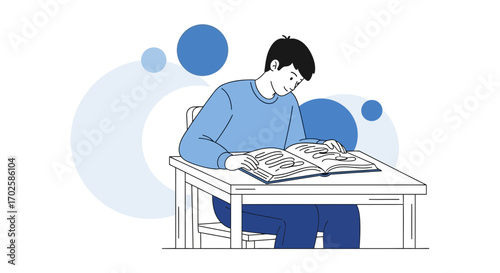 Young Person Studying Book, Surrounded By Blue Shapes, In Modern Simple Vector Style
