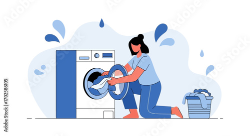 Woman Loading Laundry in Modern Washing Machine, Cartoon Illustration on White Background
