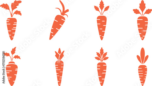  a collection of orange carrot icons, showcasing various styles and arrangements of the root vegetable, ideal for illustrating healthy eating, vegetarianism, or garden themes
