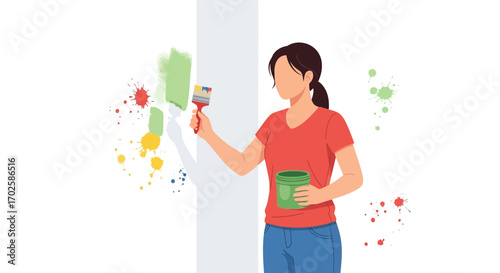 Woman Paints Wall With Brush, Adding Color to Decorate and Revamp Property Space