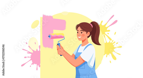 Woman Paints Wall With Roller Creating Colorful Splatter in Interior Design Decorating
