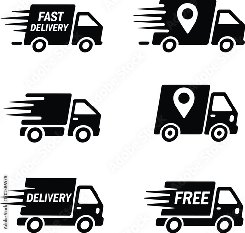 Set of six black delivery truck icons with motion lines and location pins