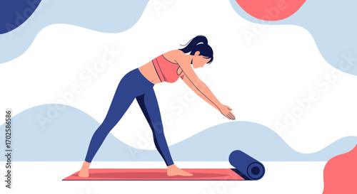 Woman Performing Yoga Exercise On A Mat With Stylish Abstract Pastel Background Design