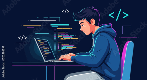 Young Programmer Working Diligently On Code While Writing Software On His Computer