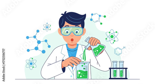Young Scientist Conducts Experiment With Atomic Structures And Chemical Reactions