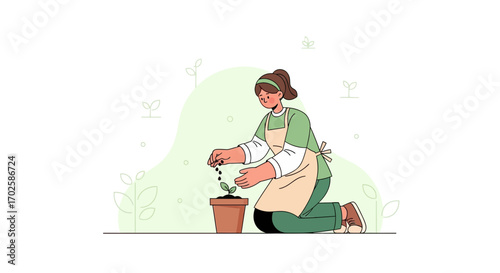 Woman Planting Seedlings In A Pot, A Simple Illustration of Home Gardening