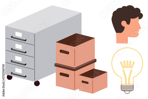 Filing cabinet and boxes represent storage, head profile symbolizes thinking, and light bulb stands for innovation. Ideal for productivity, organization, creativity, brainstorming, solutions, office