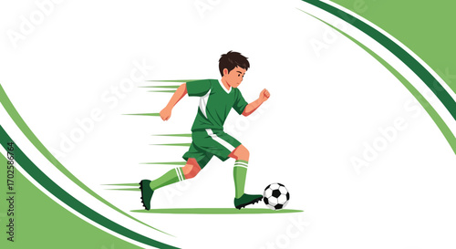 Young Soccer Player Kicking a Ball with Speed on a Modern Abstract Green Background
