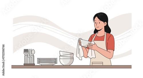 Woman Polishing Dishes: A Simple Illustration Of Daily Life At The Kitchen