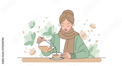 Woman Pouring Tea in Cup, Simple Vector Illustration, Tranquil, Calm, Relaxed Moment
