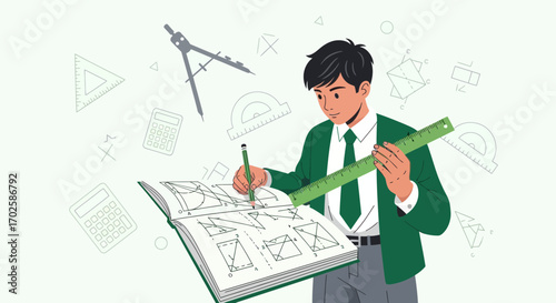 Young Student Applying Geometry Knowledge in Order to Solve Complex Mathematical Equations