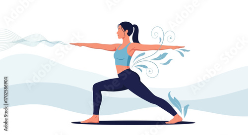 Woman Practicing Yoga in Warrior Pose with Decorative Floral Elements Illustration