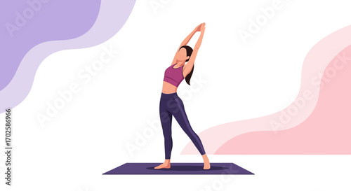 Woman Practicing Yoga Pose with Arms Raised Up and Stretching Her Body for Wellness