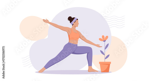 Woman Practicing Yoga Pose Near Flower, Promoting Wellness, Calmness, And Healthy Living