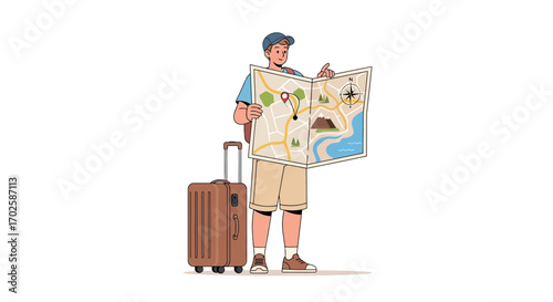 Young traveler with suitcase looking at a map, planning a travel adventure illustration