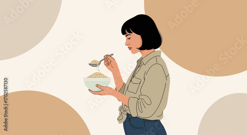 Woman Prepares Nutritious Oatmeal in a Minimalist Style with a Soft Color Palette