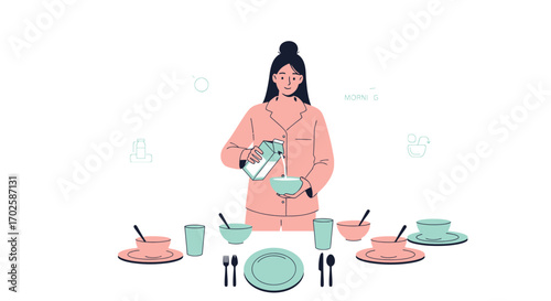 Woman Preparing Breakfast Pouring Milk Into Bowl In Flat Illustration Vector Design
