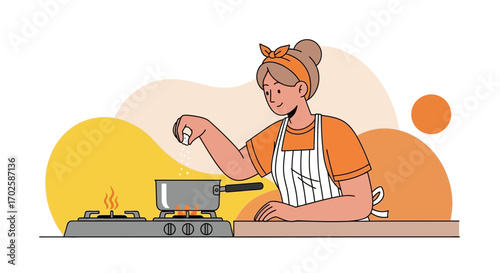 Woman Prepares Meal, Adding Salt Into Pot on Gas Cooker, Kitchen Scene Illustrated