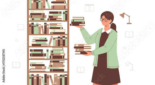 Young Woman Arranging Books on Shelf, Reading and Studying With Knowledge