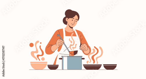 Woman Preparing Delicious Meal, Stirring Soup In A Pot, Creating Culinary Art, Cooking
