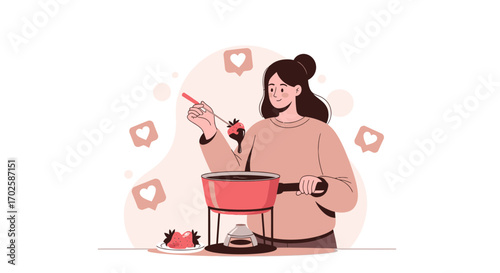 Woman Preparing Delicious Chocolate Fondue Dessert with Social Media Hearts Animation