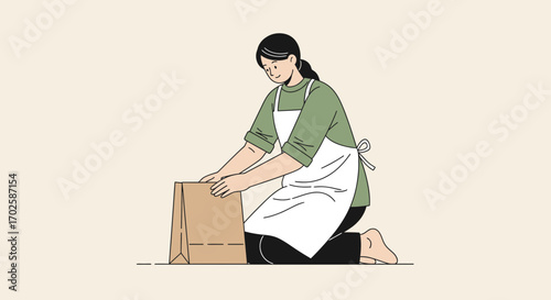Woman Preparing A Package, Packing A Brown Paper Bag With Care and Focus