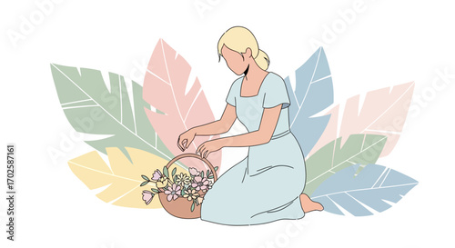 Young Woman Arranging a Basket of Flowers Amidst Pastel-Colored Foliage Illustration