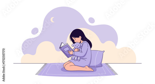 Young Woman At Bedtime Enjoying A Book And Soft Toy During A Cozy Evening