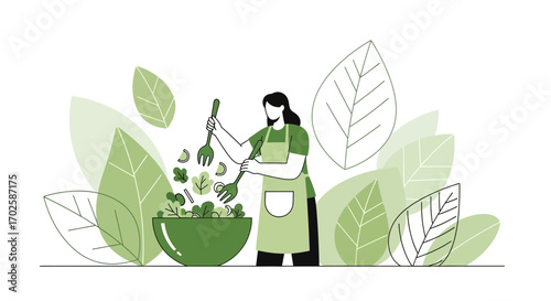 Woman Preparing Delicious Salad With Fresh Greenery Surrounded By Leafy Background