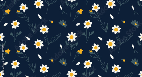 A delightful daisy pattern on a dark blue background, featuring scattered petals and leaves for a fresh and cheerful floral design
