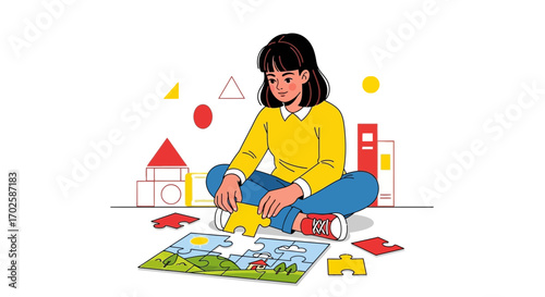 Young Woman Assembles Puzzle, Enjoying Leisure Time and Concentrating on Solving the Task